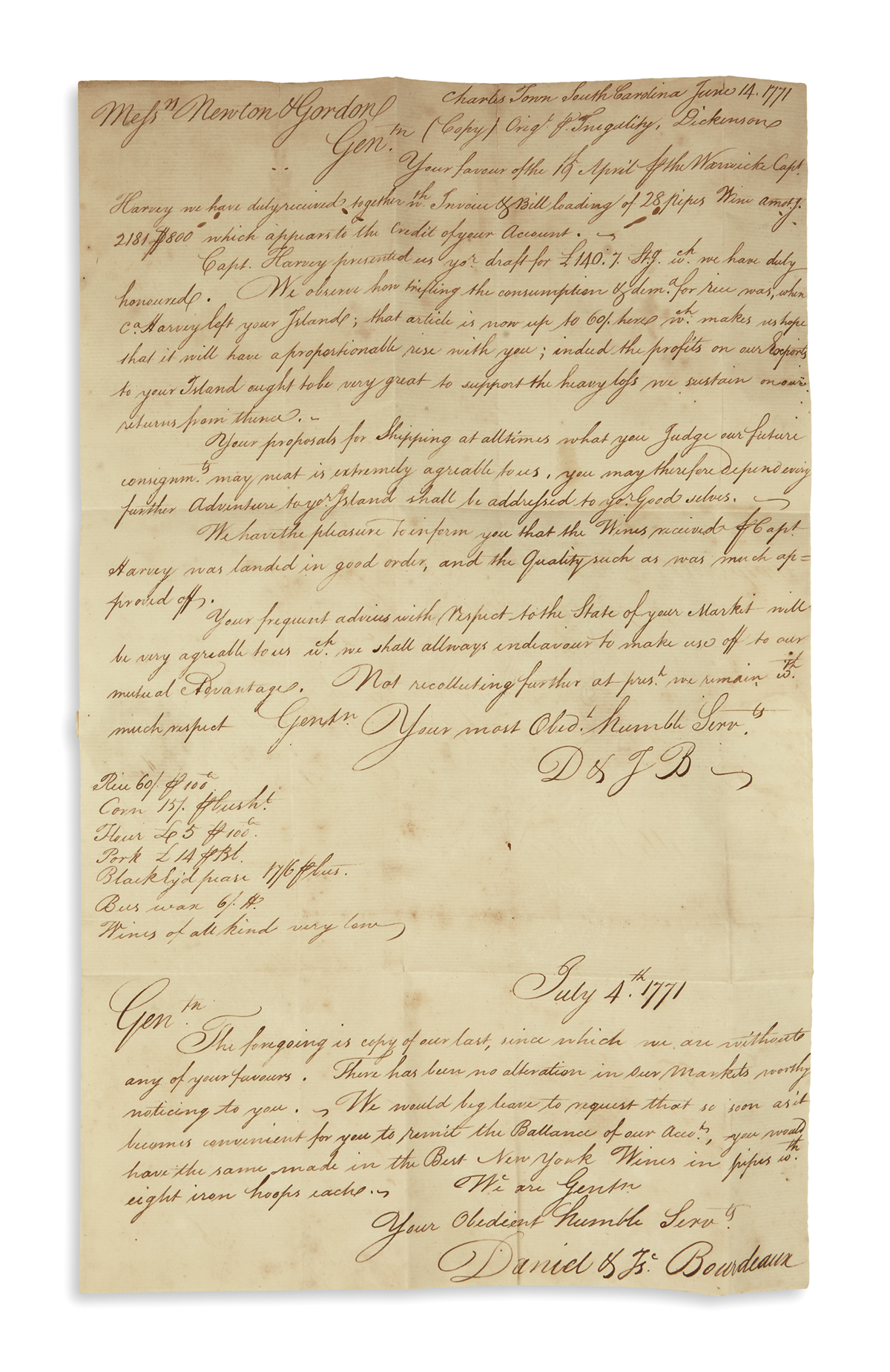 (AMERICAN REVOLUTION--PRELUDE.) Corrie, John. Letter describing the implementation of the Stamp Act in South Carolina.